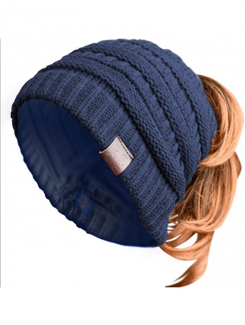 Skullies & Beanies Women Ponytail Beanie Messy Bun Style Hat Stretchy Cable Knit Wool Slouchy Skull Winter - Navy - CX18L7UWE...