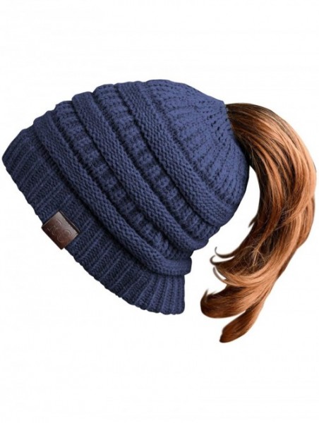 Skullies & Beanies Women Ponytail Beanie Messy Bun Style Hat Stretchy Cable Knit Wool Slouchy Skull Winter - Navy - CX18L7UWE...