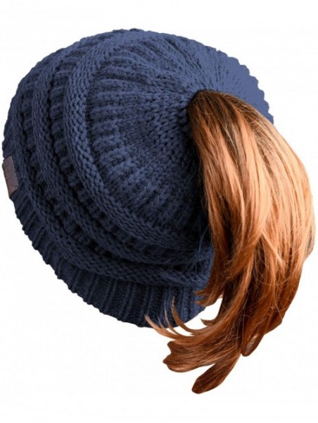 Skullies & Beanies Women Ponytail Beanie Messy Bun Style Hat Stretchy Cable Knit Wool Slouchy Skull Winter - Navy - CX18L7UWE...