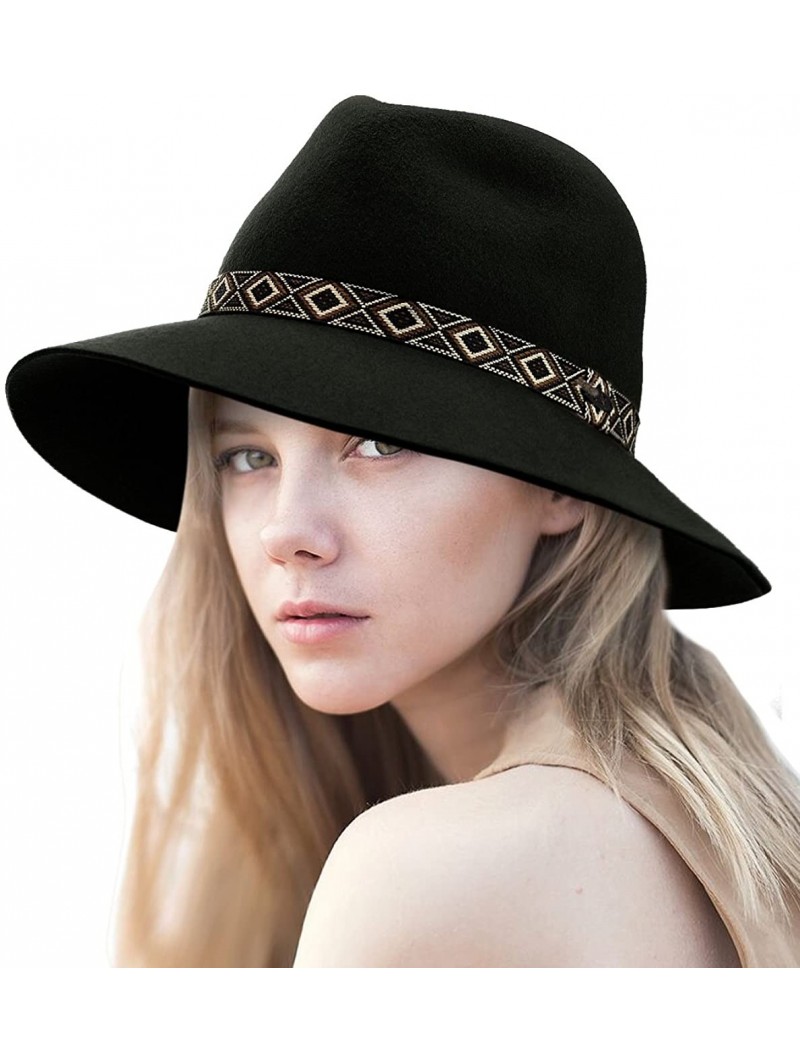 Bucket Hats Exclusive Women's Tribal Band Accent Wool Flop Brim Fedora Hat - Black - CD1274IM9IN $17.87