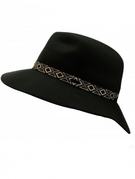 Bucket Hats Exclusive Women's Tribal Band Accent Wool Flop Brim Fedora Hat - Black - CD1274IM9IN $17.87