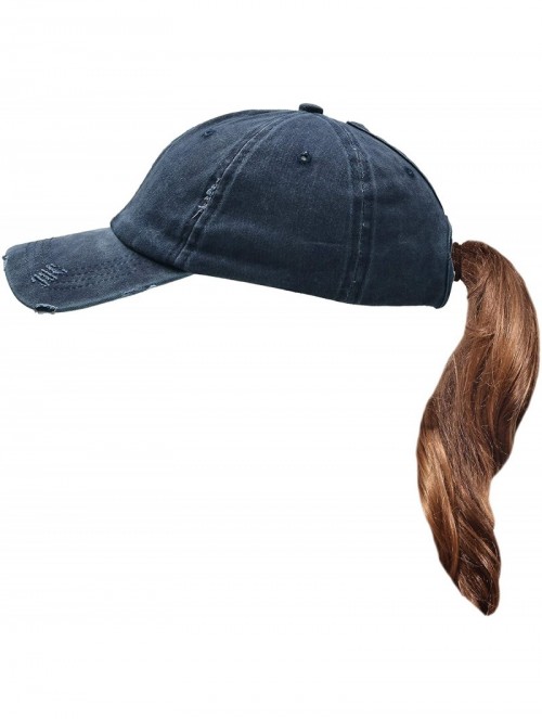 Baseball Caps Ponytail Baseball Cap High Bun Ponycap Adjustable Mesh Trucker Hats - 002 (Distressed Washed Cotton) - Blue - C...