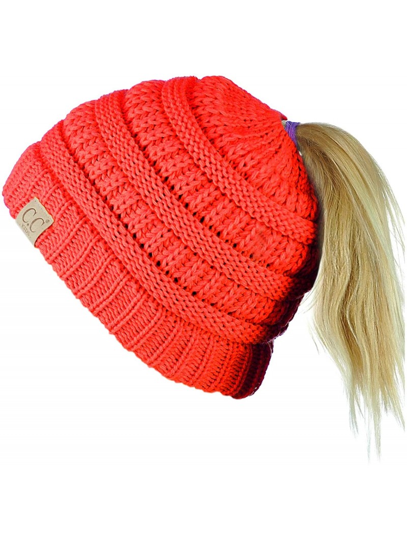 Skullies & Beanies BeanieTail Kids' Children's Soft Cable Knit Messy High Bun Ponytail Beanie Hat- Coral - CB188OONCRU $18.54