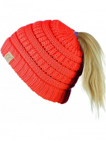 Skullies & Beanies BeanieTail Kids' Children's Soft Cable Knit Messy High Bun Ponytail Beanie Hat- Coral - CB188OONCRU $18.54