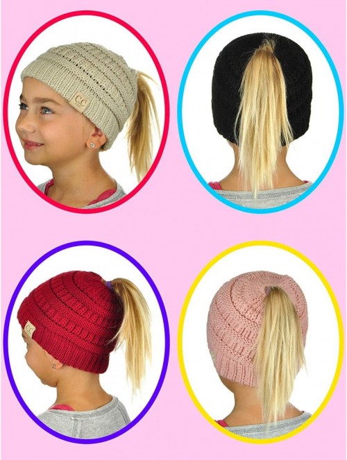 Skullies & Beanies BeanieTail Kids' Children's Soft Cable Knit Messy High Bun Ponytail Beanie Hat- Coral - CB188OONCRU $18.54