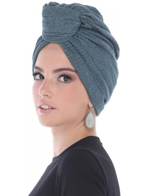 Skullies & Beanies Turban Headwraps for Women Featuring a Pretied Front Knot & Soft Sparkle Finish for Cancer - Teal Blue - C...