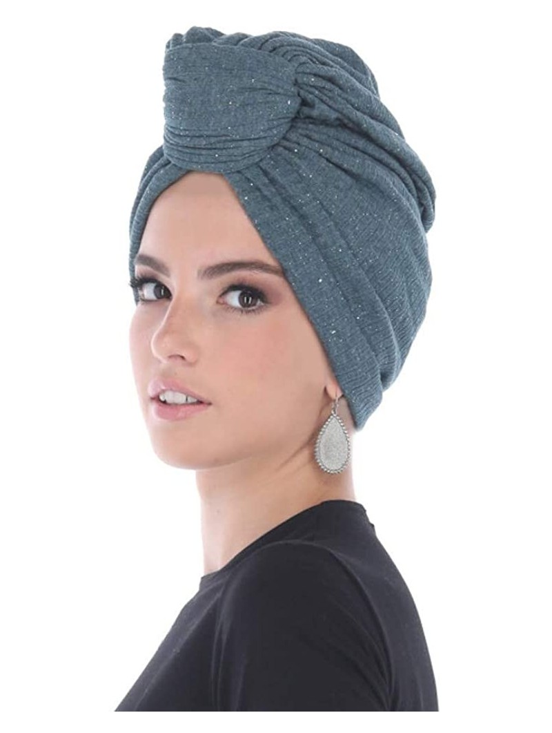 Skullies & Beanies Turban Headwraps for Women Featuring a Pretied Front Knot & Soft Sparkle Finish for Cancer - Teal Blue - C...