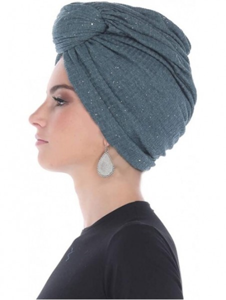 Skullies & Beanies Turban Headwraps for Women Featuring a Pretied Front Knot & Soft Sparkle Finish for Cancer - Teal Blue - C...