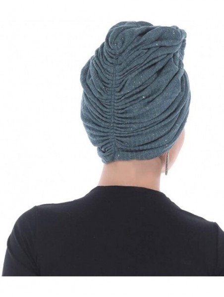 Skullies & Beanies Turban Headwraps for Women Featuring a Pretied Front Knot & Soft Sparkle Finish for Cancer - Teal Blue - C...