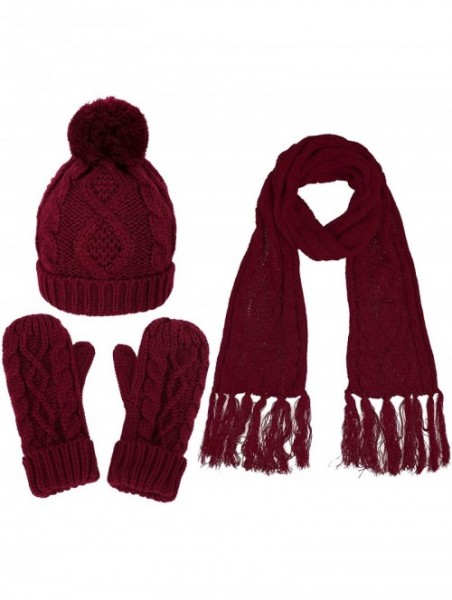 Skullies & Beanies Adult Women's 3 Piece Winter Set - Pompom Beanie Hat- Scarf- Mittens - Burgundy Tassels Glove W/ Lined - C...