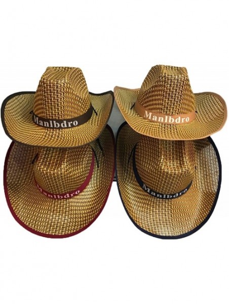 Cowboy Hats 4Pcs Unisex Woven Straw Round up Cowboy Hat Summer Wide Brim Beach Cap Straw Hat - 4pcs01 - CK18GKOO0M2 $20.83