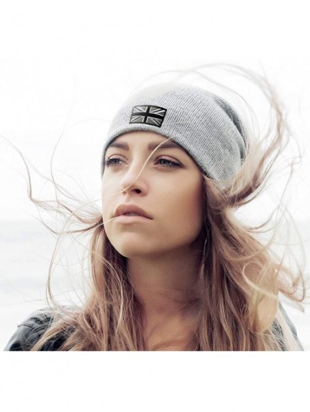 Skullies & Beanies Custom Slouchy Beanie British Flag Black White Embroidery Cotton - Dark Grey - CG12FJQ1ZGJ $20.46