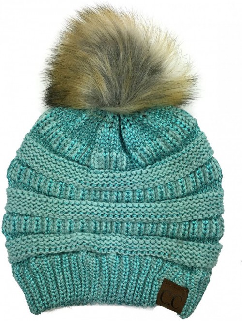 Skullies & Beanies Soft Stretch Cable Knit Ribbed Faux Fur Pom Pom Beanie Hat - Mint Metallic - CT187ICE6YS $17.70