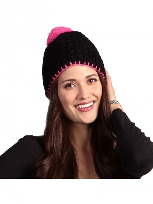 Skullies & Beanies 9541 POM Beanie - Black With Wild Orchid Trim - C8117UA52Y3 $25.43