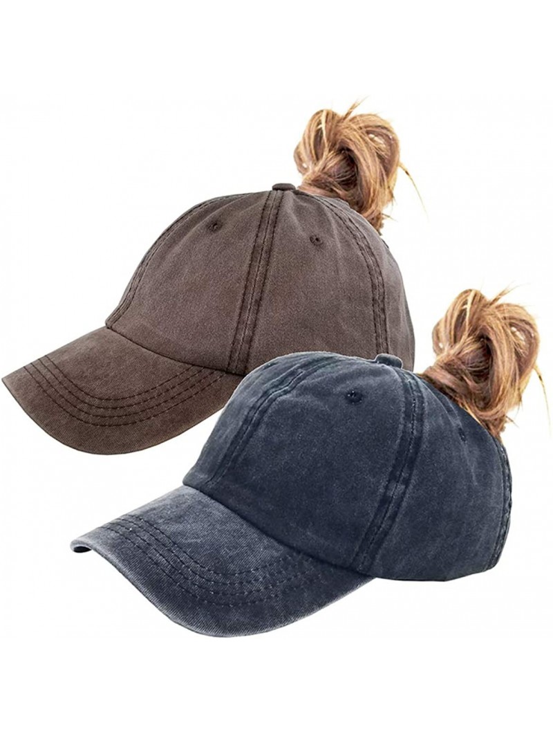 Baseball Caps Womens Cotton Distressed High Ponytail Baseball Messy Bun Cap Washed Ponycap - Black+coffee - CX18N8EL32Y $20.39