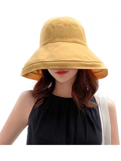 Sun Hats Women's Foldable Flap Cover UV Protective Wide Brim Bucket Cotton Beach Sun Hat Summer Hat - Yellow White - CS18W5KM...