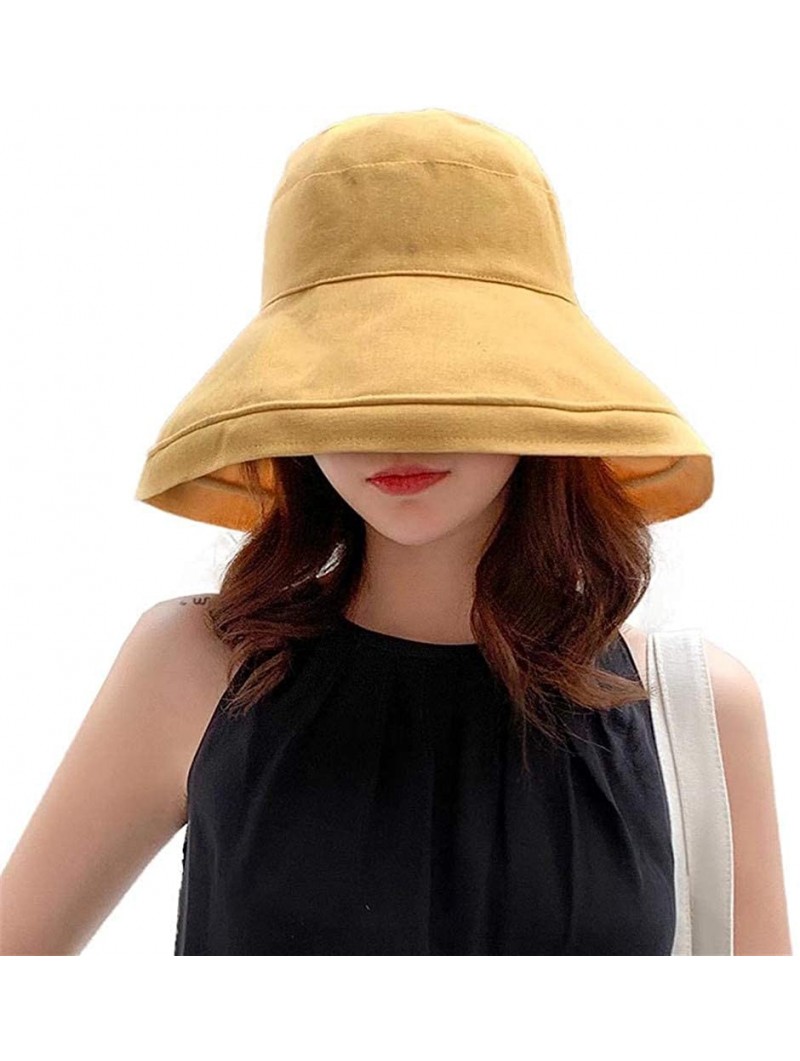 Sun Hats Women's Foldable Flap Cover UV Protective Wide Brim Bucket Cotton Beach Sun Hat Summer Hat - Yellow White - CS18W5KM...