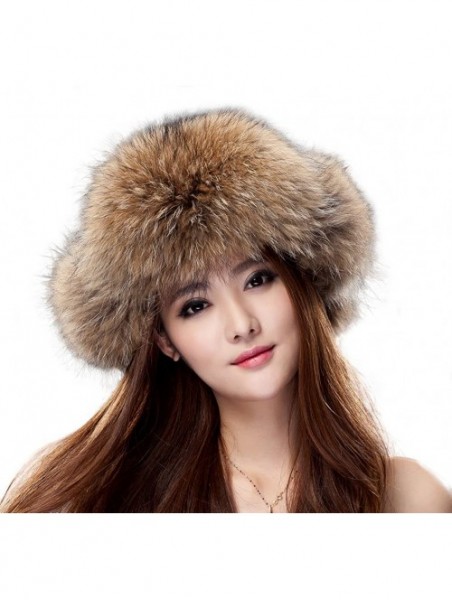 Bomber Hats Womens Fox Fur Russian Ushanka Trapper Hat with Pom Poms - Fabric & Raccoon Natural Color - CB11D35PJCP $47.83