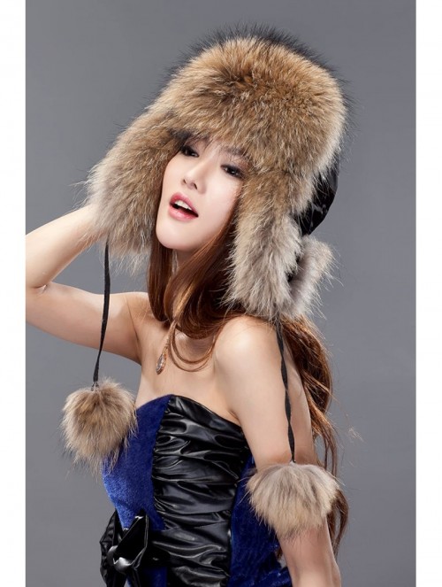 Bomber Hats Womens Fox Fur Russian Ushanka Trapper Hat with Pom Poms - Fabric & Raccoon Natural Color - CB11D35PJCP $47.83