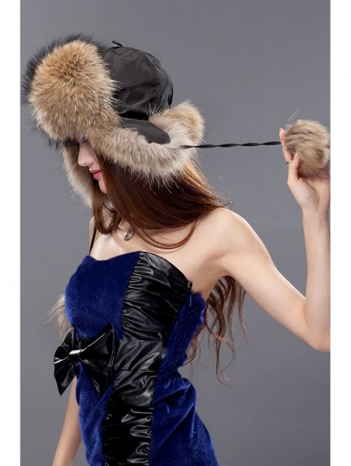 Bomber Hats Womens Fox Fur Russian Ushanka Trapper Hat with Pom Poms - Fabric & Raccoon Natural Color - CB11D35PJCP $47.83