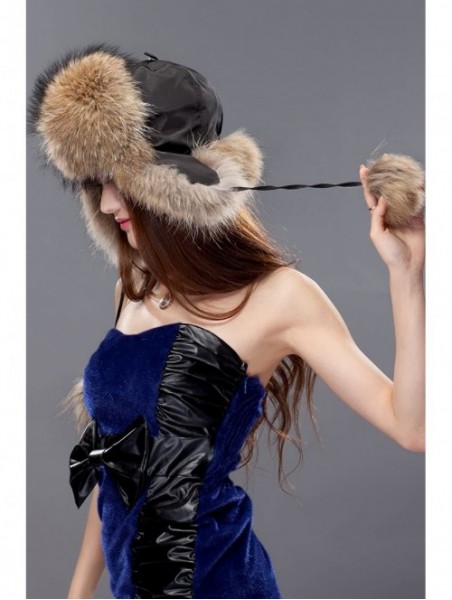 Bomber Hats Womens Fox Fur Russian Ushanka Trapper Hat with Pom Poms - Fabric & Raccoon Natural Color - CB11D35PJCP $47.83