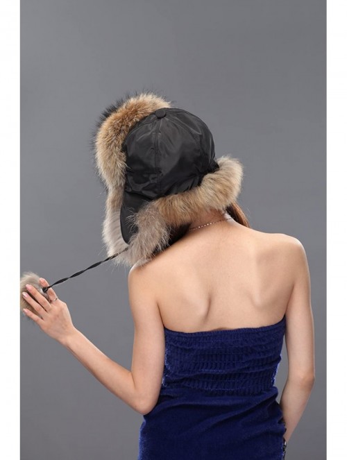 Bomber Hats Womens Fox Fur Russian Ushanka Trapper Hat with Pom Poms - Fabric & Raccoon Natural Color - CB11D35PJCP $47.83