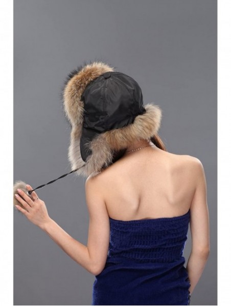 Bomber Hats Womens Fox Fur Russian Ushanka Trapper Hat with Pom Poms - Fabric & Raccoon Natural Color - CB11D35PJCP $47.83