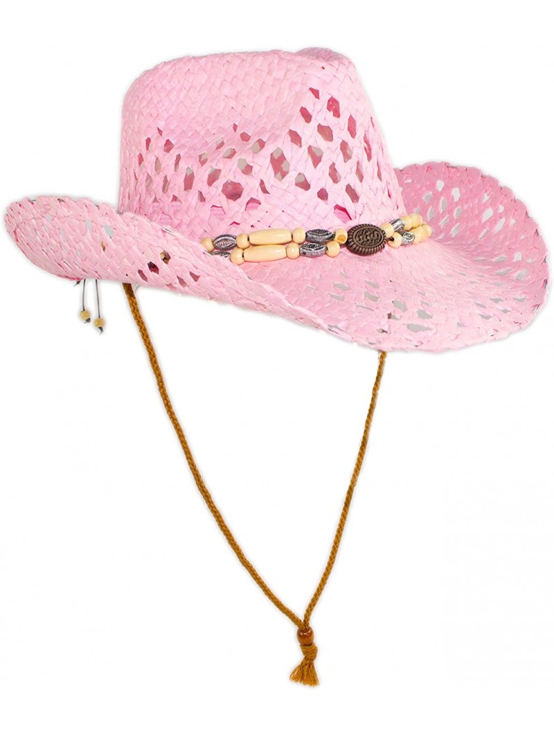 Cowboy Hats Cute Comfy Flex Fit Woven Beach Cowboy Hat- Western Cowgirl Hat with Wooden Beaded Hatband - Pink - C5195CZ5OM2 $...