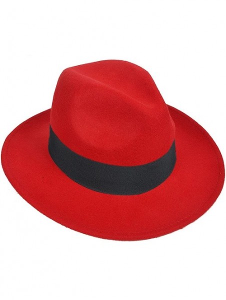 Fedoras Wool Felt Wide Brim Fedora Hats for Women Men - Red - CD18KIAL9UA $34.87