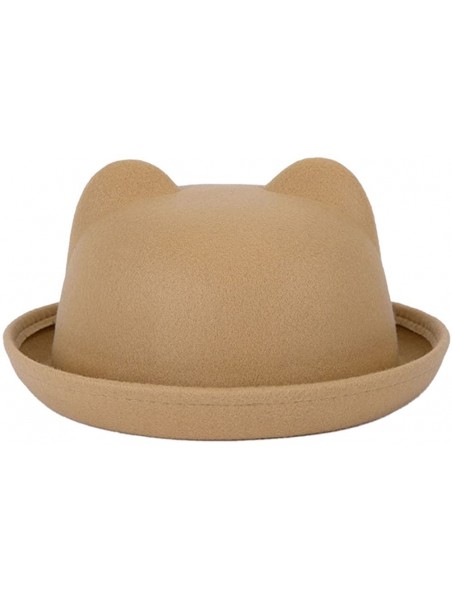 Bucket Hats Ladies Fedora Wool Brim Round Bowler Caps Derby Bow Cloche Hat Cap - Camel - CC12K8X50KZ $13.14