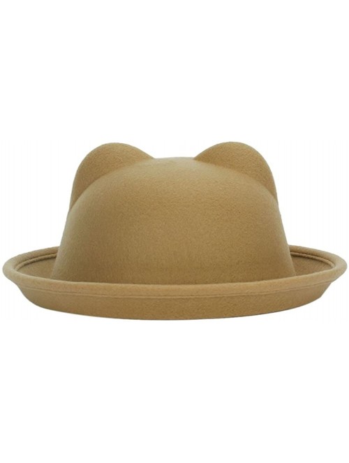 Bucket Hats Ladies Fedora Wool Brim Round Bowler Caps Derby Bow Cloche Hat Cap - Camel - CC12K8X50KZ $13.14