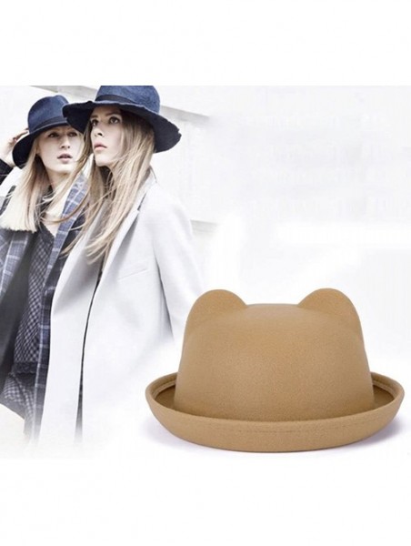 Bucket Hats Ladies Fedora Wool Brim Round Bowler Caps Derby Bow Cloche Hat Cap - Camel - CC12K8X50KZ $13.14