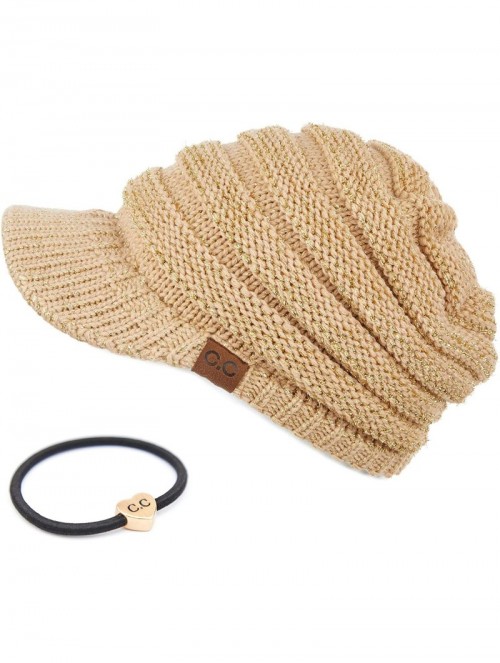 Visors Hatsandscarf Exclusives Women's Ribbed Knit Hat with Brim (YJ-131) - Gold Metallic With Ponytail Holder - CV18XHK9LK8 ...