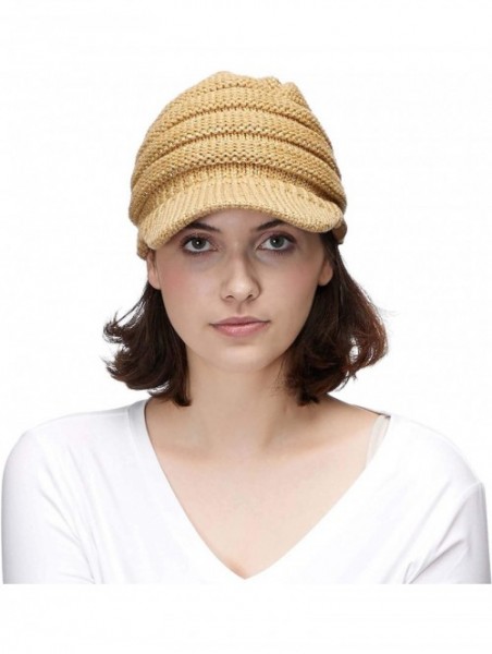 Visors Hatsandscarf Exclusives Women's Ribbed Knit Hat with Brim (YJ-131) - Gold Metallic With Ponytail Holder - CV18XHK9LK8 ...