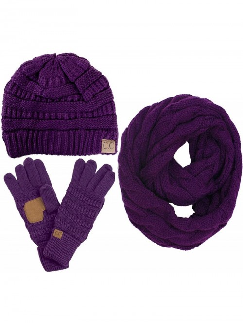 Skullies & Beanies 3pc Set Trendy Warm Chunky Soft Stretch Cable Knit Beanie- Scarves and Gloves Set - Purple - C918H6LIHIQ $...