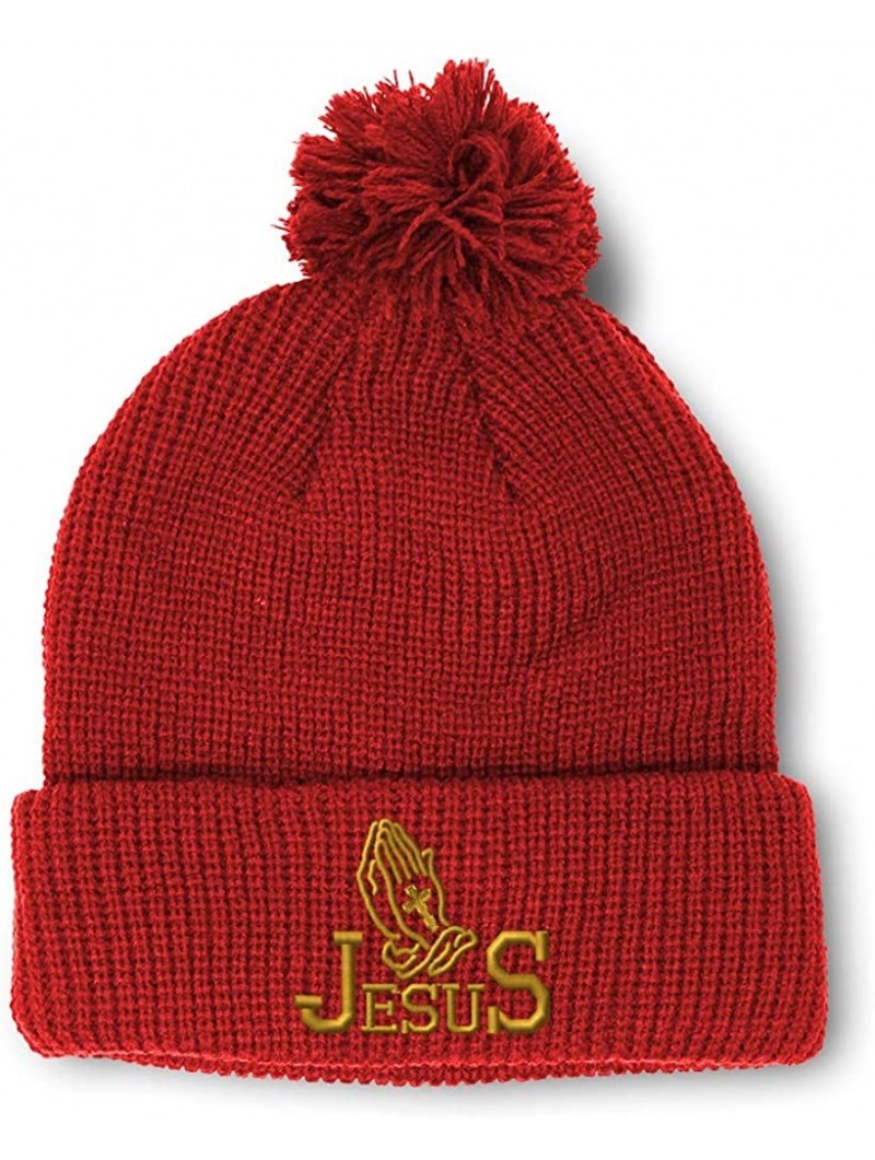 Skullies & Beanies Winter Pom Pom Beanie Men & Women Jesus Christian Hands Praying A Embroidery - Red - C618A0E7CLQ $19.36