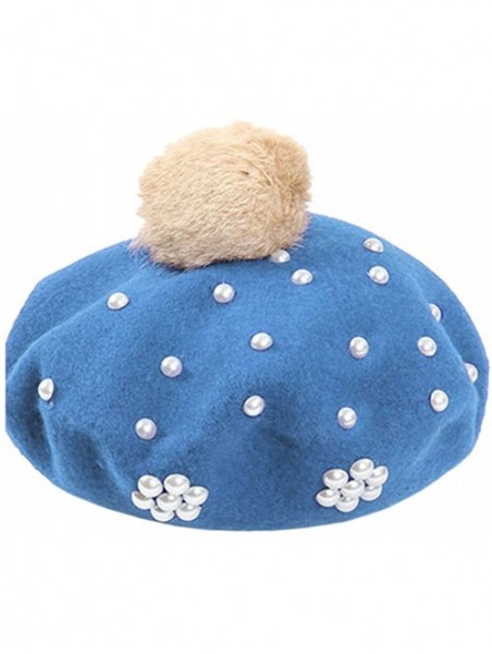 Berets Classic French Style Wool Beret Hat Pearls Beanie Cap with Pom for Women - Blue - CW186WXZ379 $18.07