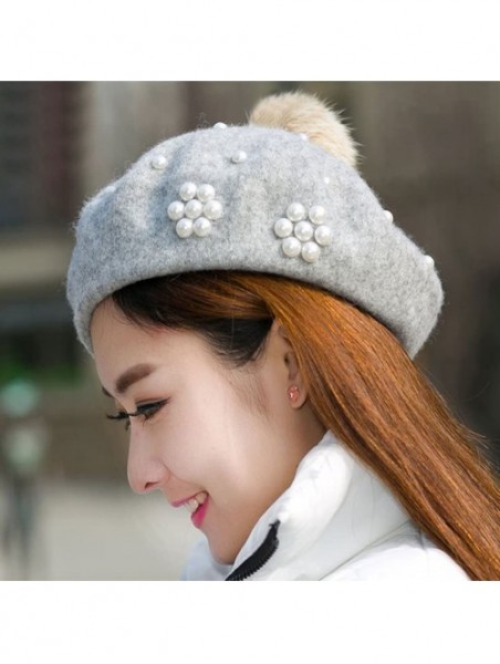 Berets Classic French Style Wool Beret Hat Pearls Beanie Cap with Pom for Women - Blue - CW186WXZ379 $18.07