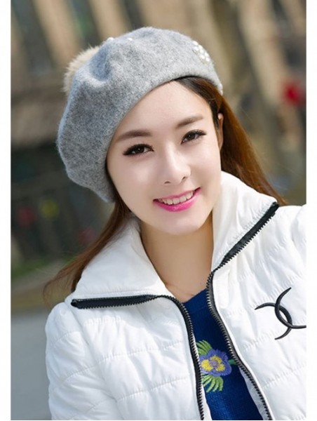 Berets Classic French Style Wool Beret Hat Pearls Beanie Cap with Pom for Women - Blue - CW186WXZ379 $18.07