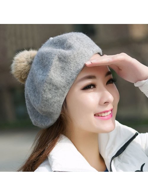 Berets Classic French Style Wool Beret Hat Pearls Beanie Cap with Pom for Women - Blue - CW186WXZ379 $18.07