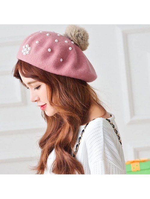 Berets Classic French Style Wool Beret Hat Pearls Beanie Cap with Pom for Women - Blue - CW186WXZ379 $18.07