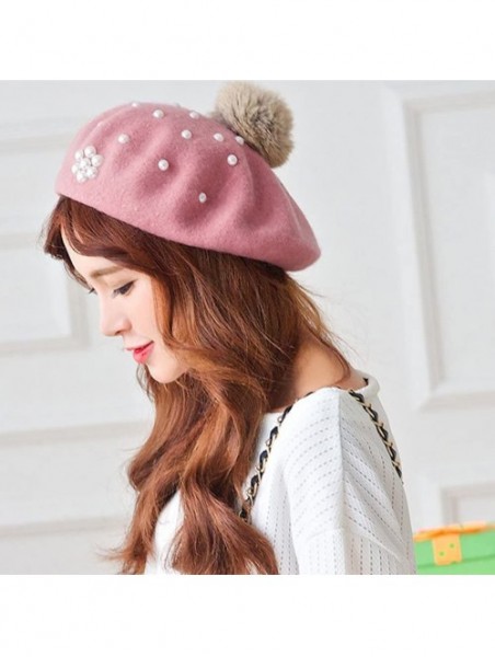 Berets Classic French Style Wool Beret Hat Pearls Beanie Cap with Pom for Women - Blue - CW186WXZ379 $18.07