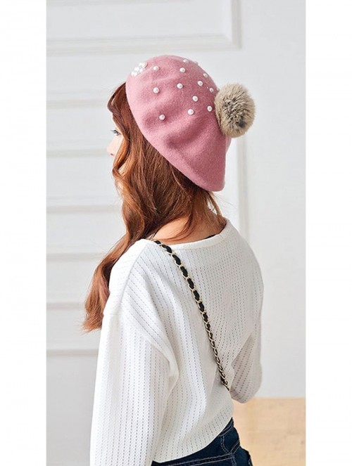 Berets Classic French Style Wool Beret Hat Pearls Beanie Cap with Pom for Women - Blue - CW186WXZ379 $18.07