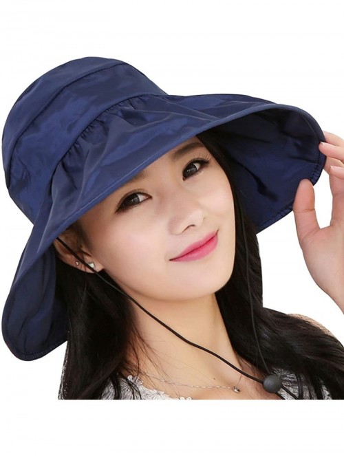 Sun Hats Summer Bill Flap Cap UPF 50+ Cotton Sun Hat Neck Cover Cord for Women - Navy Blue - CF18DL7NX9L $11.47