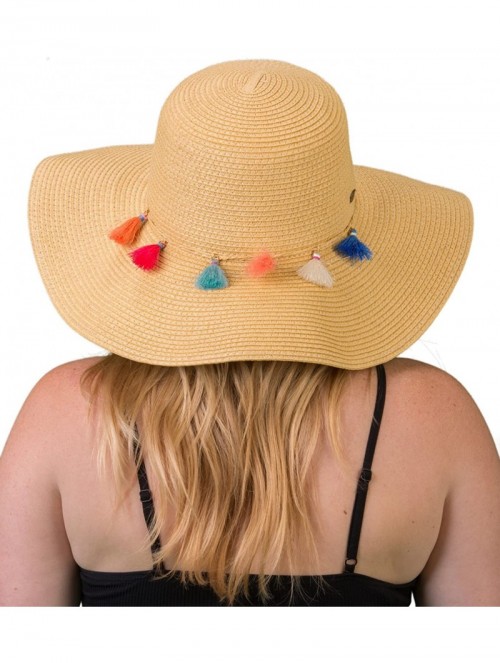 Sun Hats Women's Pom Tassel Packable Adjustable Straw Beach Floppy Sun Hat - Natural W/ Multicolored Tassels - CE18EG6XX2H $2...