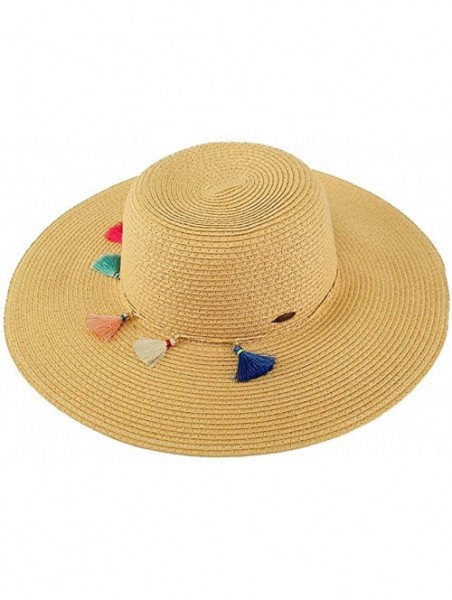 Sun Hats Women's Pom Tassel Packable Adjustable Straw Beach Floppy Sun Hat - Natural W/ Multicolored Tassels - CE18EG6XX2H $2...