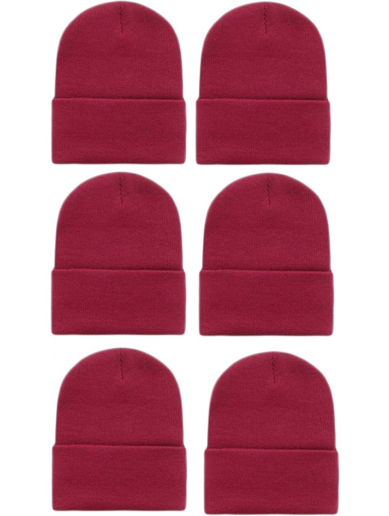 Skullies & Beanies Wholesale 6 PCS Unisex Knit Long Cuff Ski Solid Plain Beanie Cap - Burgundy - CO12N18PE9E $21.33