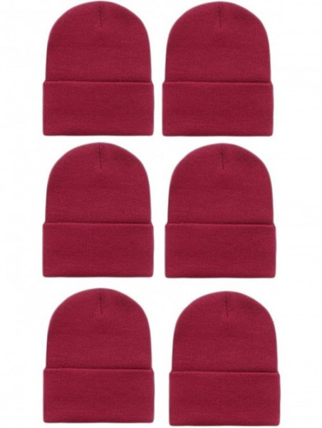 Skullies & Beanies Wholesale 6 PCS Unisex Knit Long Cuff Ski Solid Plain Beanie Cap - Burgundy - CO12N18PE9E $21.33