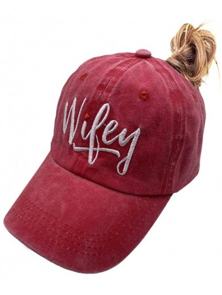 Baseball Caps Embroidered Wifey Ponytail Hat Vintage Washed Adjustable Denim Baseball Cap for Women - Bright Red - CT190429HG...