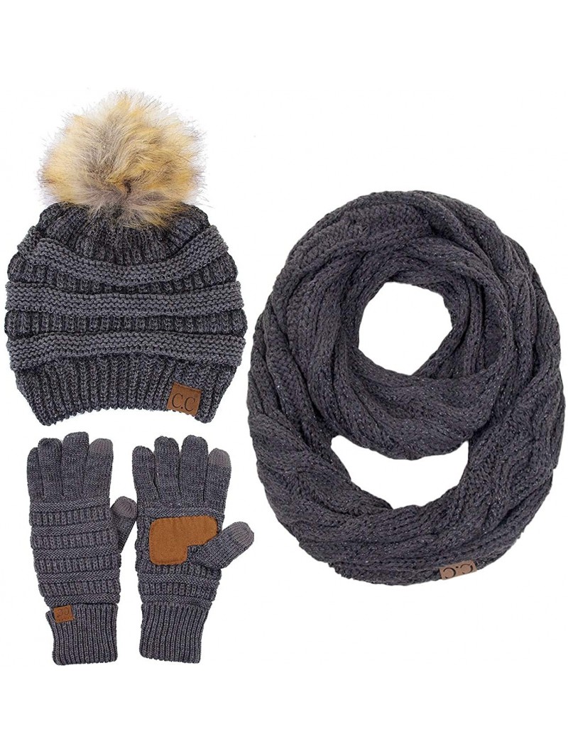 Skullies & Beanies 3pc Set Trendy Warm Chunky Soft Stretch Cable Knit Pom Pom Beanie- Scarves and Gloves Set - Metallic Gray ...